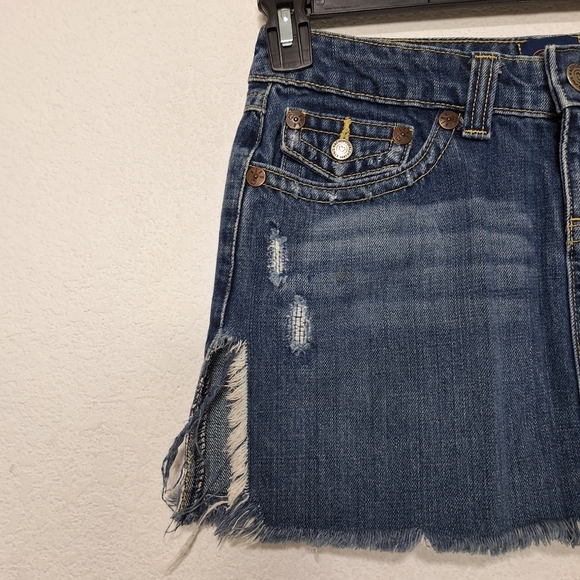 Aéropostale Y2K Distressed Front Frayed Slits Denim Micro Mini Skirt Size 1/2 - Picture 2 of 8